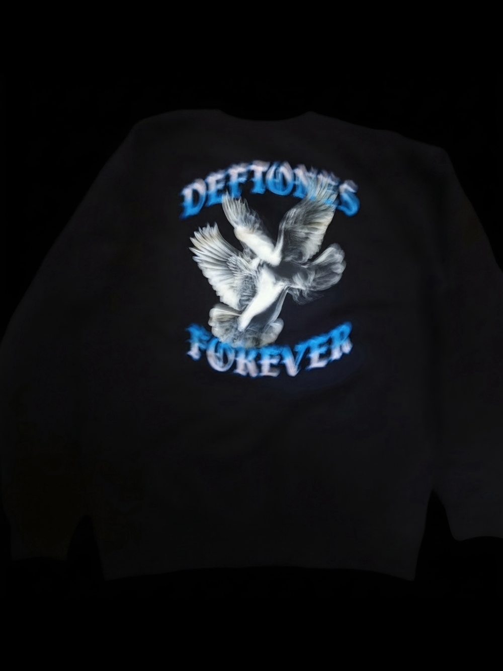 Deftones Brand Black Crewneck Sweatshirt with Blue 'Forever' Dove Graphic